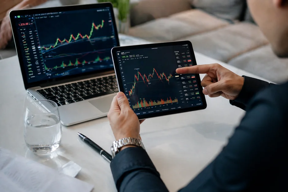 Hands typing on a laptop while cryptocurrency charts and a smartphone screen are visible, with the focus on digital finance.